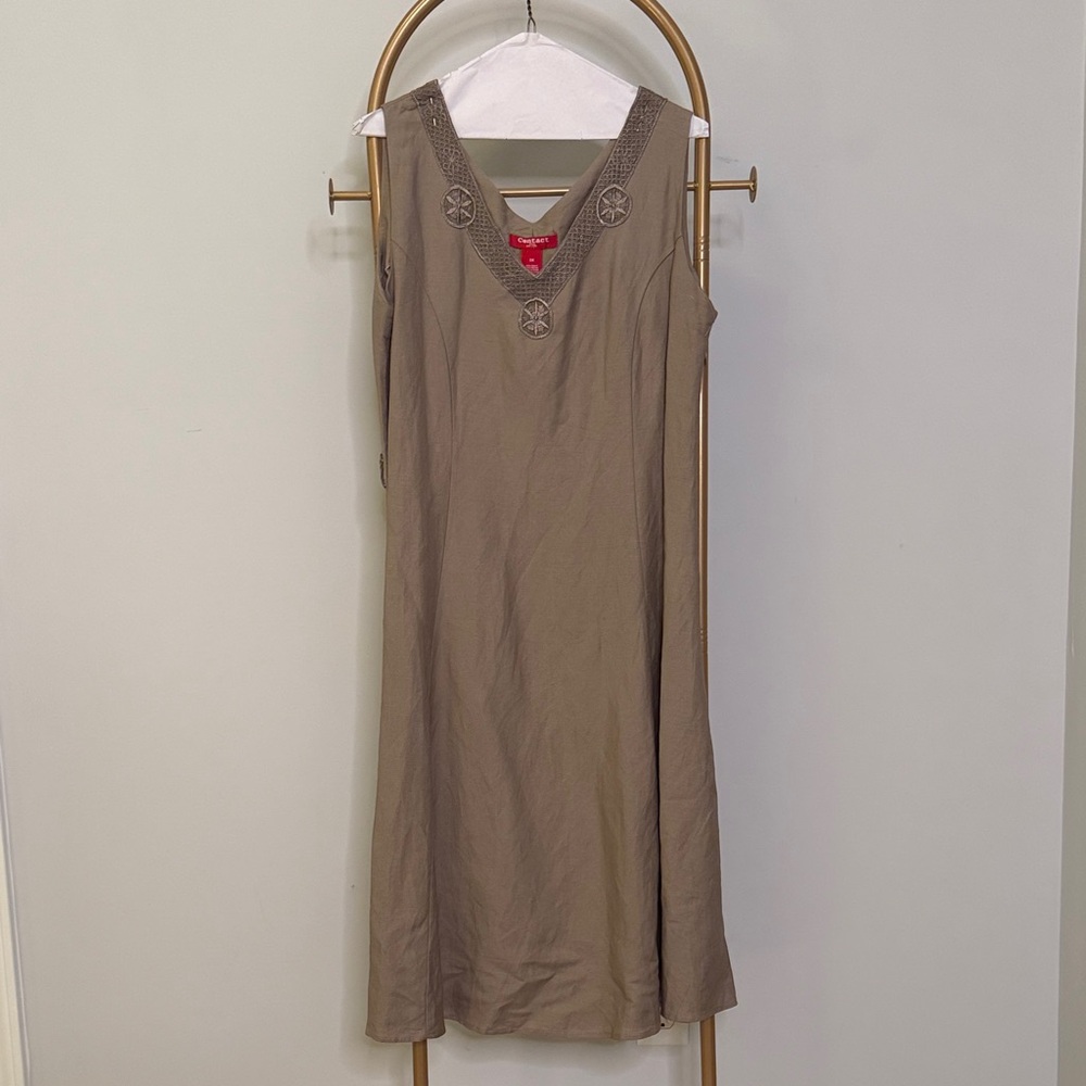 Sleeveless Tan Dress with Embroidered Neckline